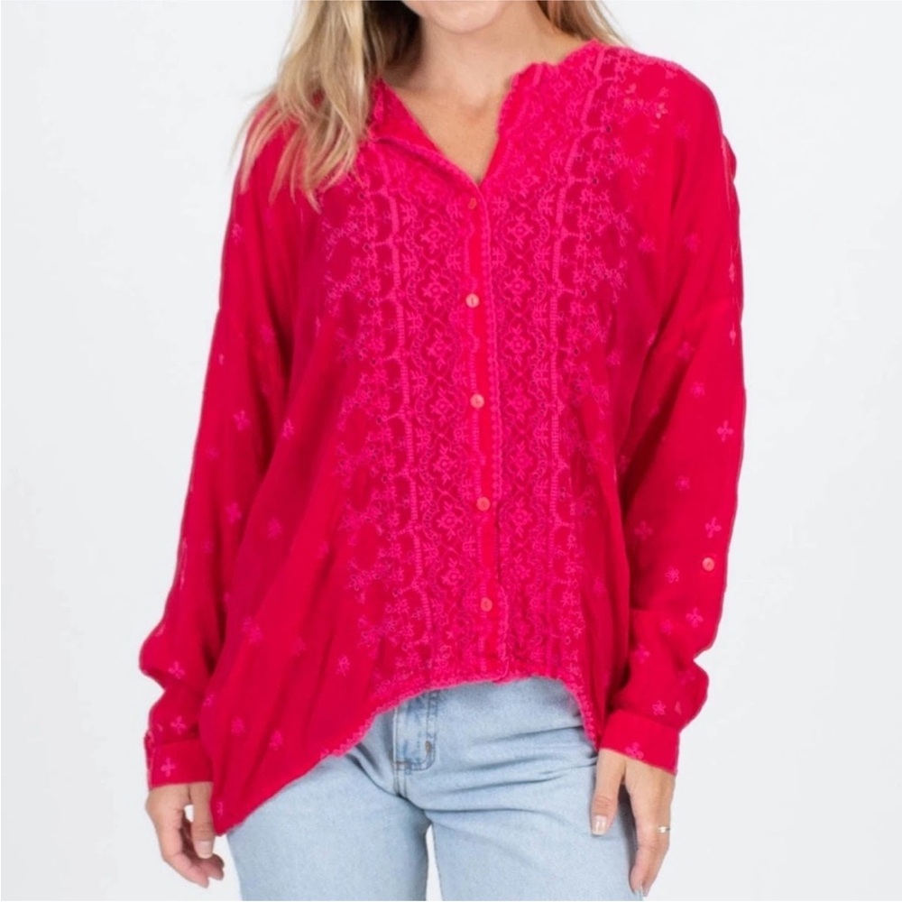 Johnny Was hot pink button down oversized blouse | size large